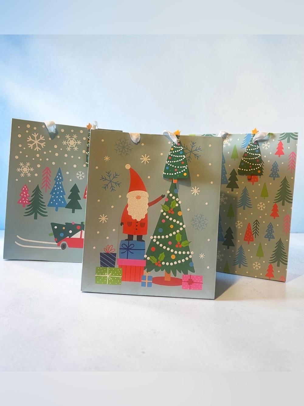Holiday Gift Bags with Santa & Tree - Blue and Green 3 Pc Set - Picture 12 of 16